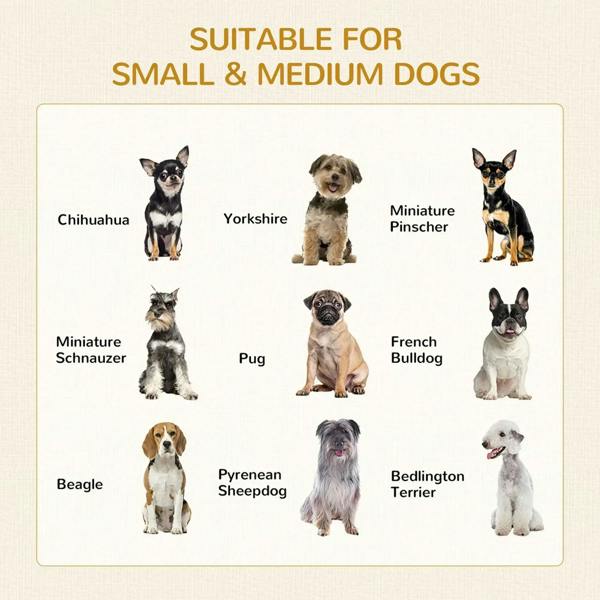Dog crate end table for small and medium dogs; lineup of small dog silhouettes.