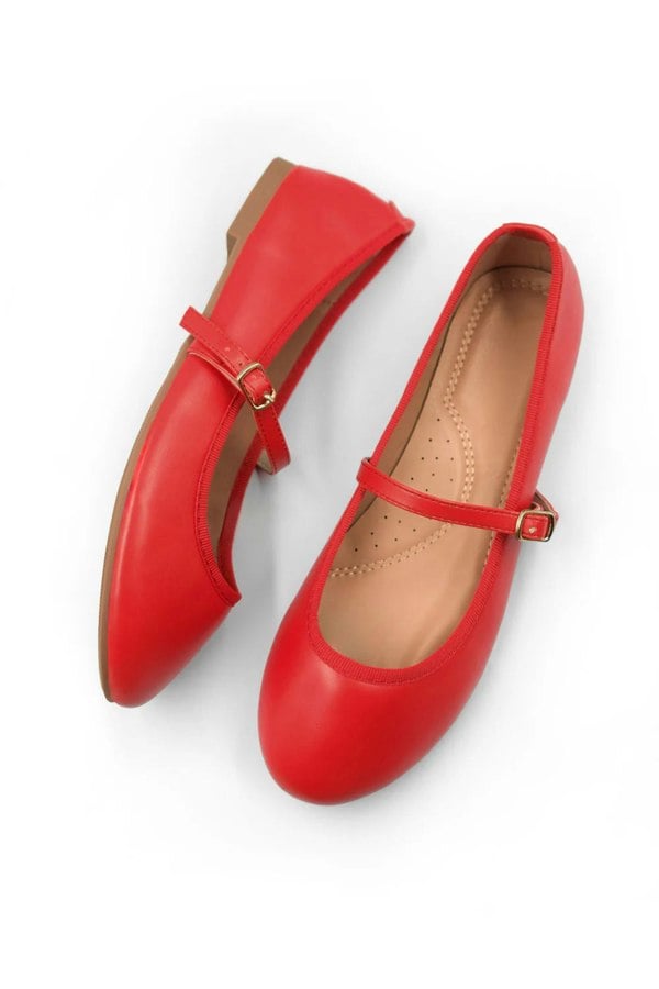 Where's That From Josie Wide Fit Ballerina Flats With Strap Detail in Red Faux Leather