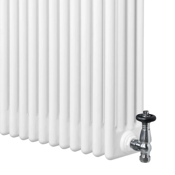 Traditional white 4 column radiator with a smooth finish and chrome valve, measuring 300 x 1010mm, designed for efficient heating