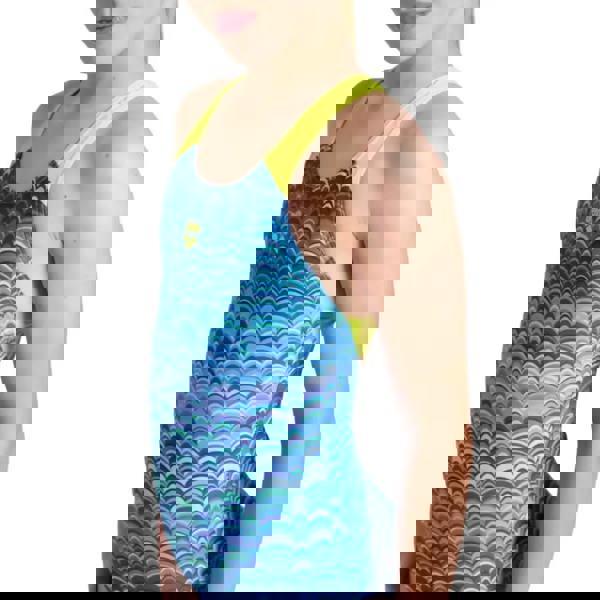 Arena Girls Ondulation Pro Back swimsuit in navy green waves