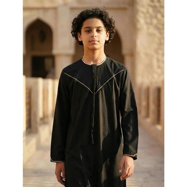 TT-007 - Boy's Emirati Omani Gold Embroidery Thobe - Black - Thobez - 2