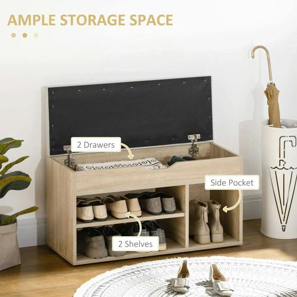 Oak-tone shoe storage bench with open lid, shelves, side pocket, and drawer compartments
