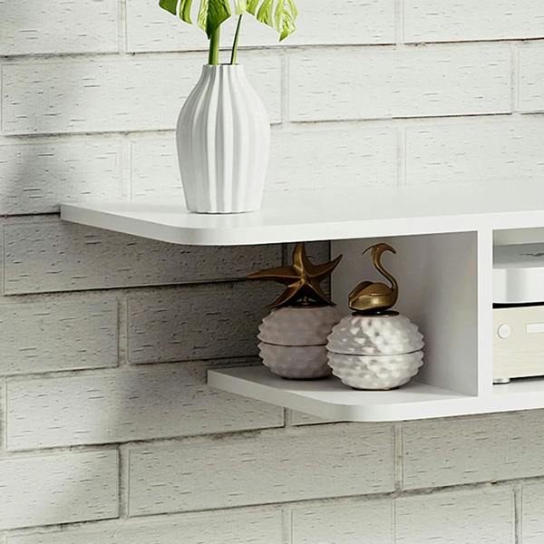 White floating TV console corner view with two tier open shelves for decor items