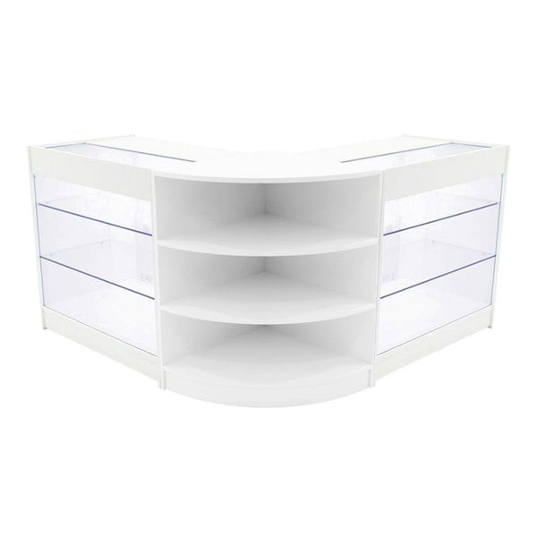 White Apollo LED shop counter set with curved design, featuring glass display shelves and modern, sleek finish for retail spaces