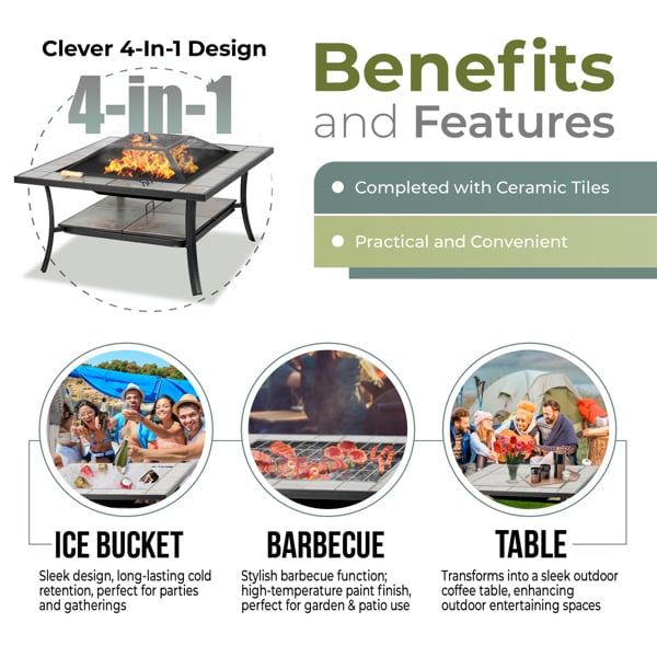 Centurion Supports SHANGO Premium Multi-Functional Black with Ceramic Tiles Outdoor Garden and Patio Square Heater Fire Pit Brazier and Outdoor Table