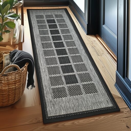 Non-Slip Grey Black Rug Geometric Border Design Flat Weave Kitchen Dining Room Living Room Area Mat
