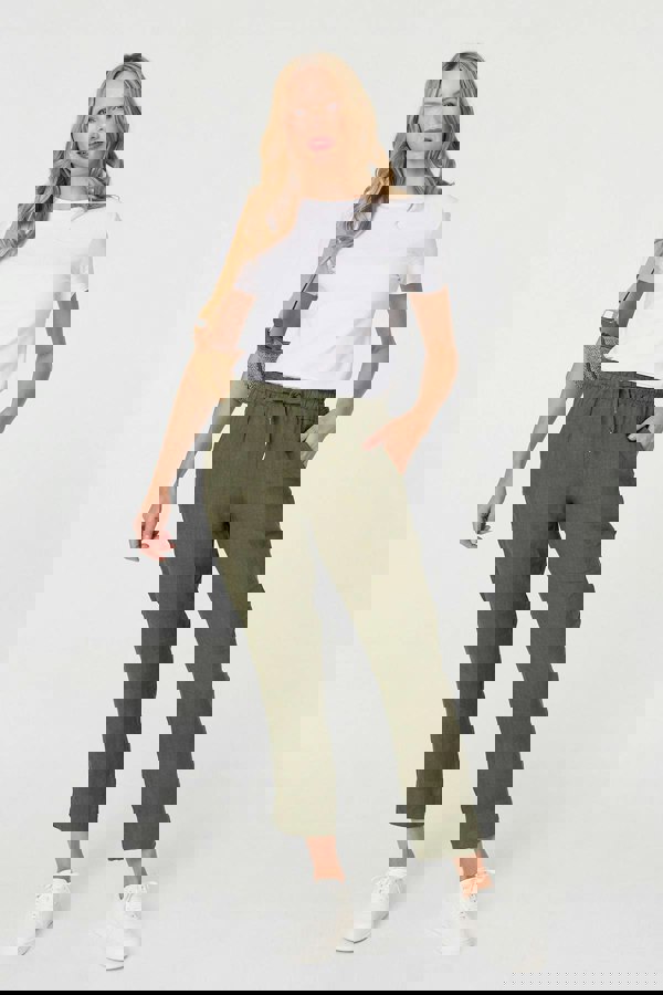 Khaki | Tie Front High Waist Slim Leg Trousers
