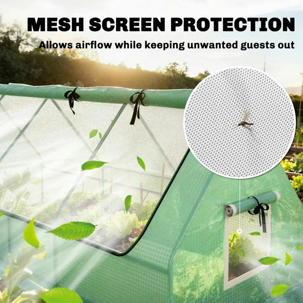 Green mini greenhouse mesh screen panels with airflow openings and zip access.