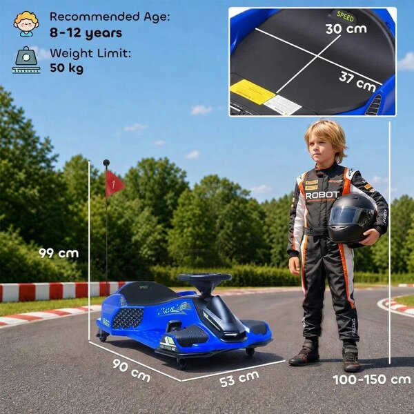 12V Kids Electric Go Kart, Ride on Drift Car with 2 Speeds, Soft Start, Music, Colourful LED Lights for Ages 8-12, Blue