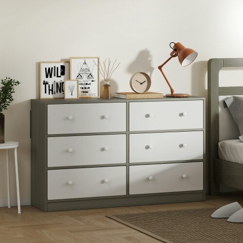 HOMCOM Chest of Drawers, Wide Dresser with 6 Grey Fabric Drawers & Steel Frame for Bedroom, Living Room, Hallway - Rustic Brown