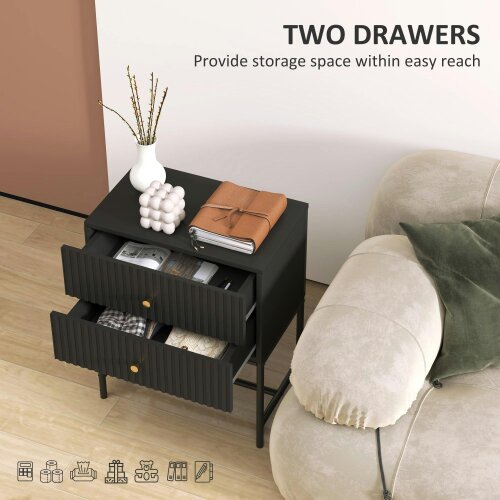 Wyld Haus Nafico Black and Gold Elegant 2 Drawer Ribbed  Bedside Table