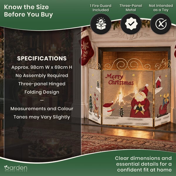 Merry Christmas Metal Fire Guard with Santa, Large 3 Panel Hinged Steel Fireplace Screen, Decorative Safety Guard or Cover, 98cm Wide x 69cm Tall