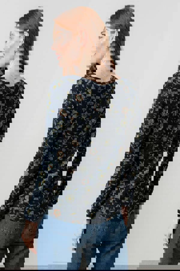 Lily & Me Angela Floral Print Knit Top Navy