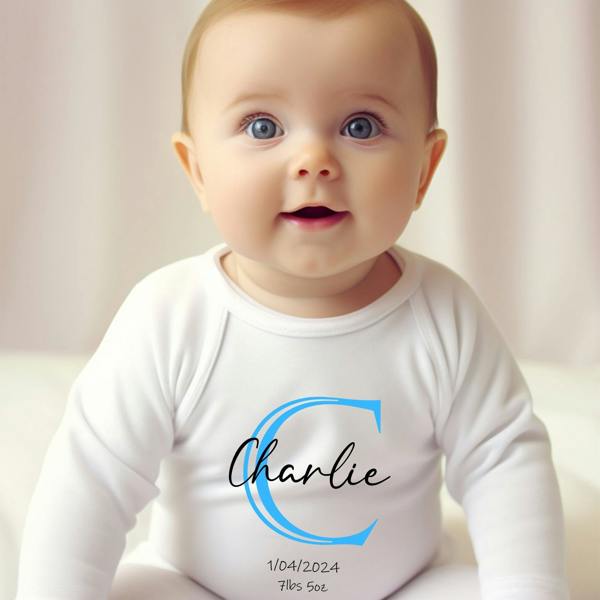 Personalised Blue Initial Baby Grow, Vest or Bib with Name