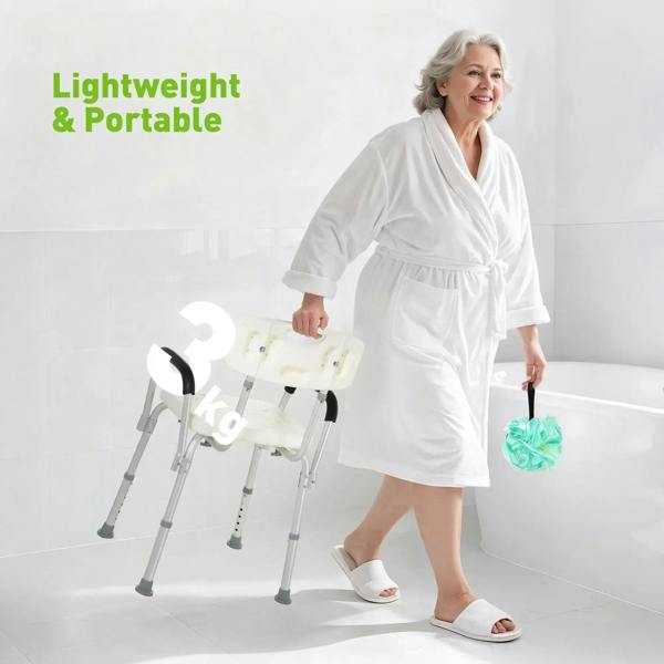 White portable shower chair with backrest and black armrests, compact and lightweight