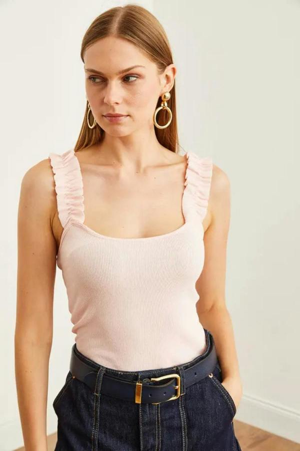 Hoxton Gal Ruffled Strap Stretch Ribbed Blouse