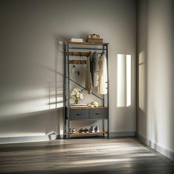 Modcraft Industrial Coat Rack Stand with Shoe Storage and Bench