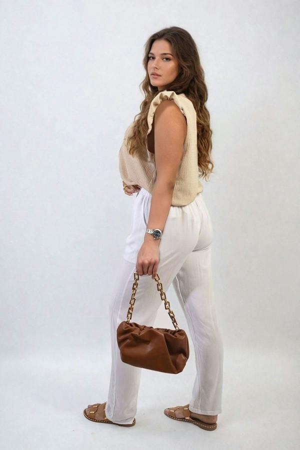 Matilda Drawstring High Waist Trouser With Side Pockets - White