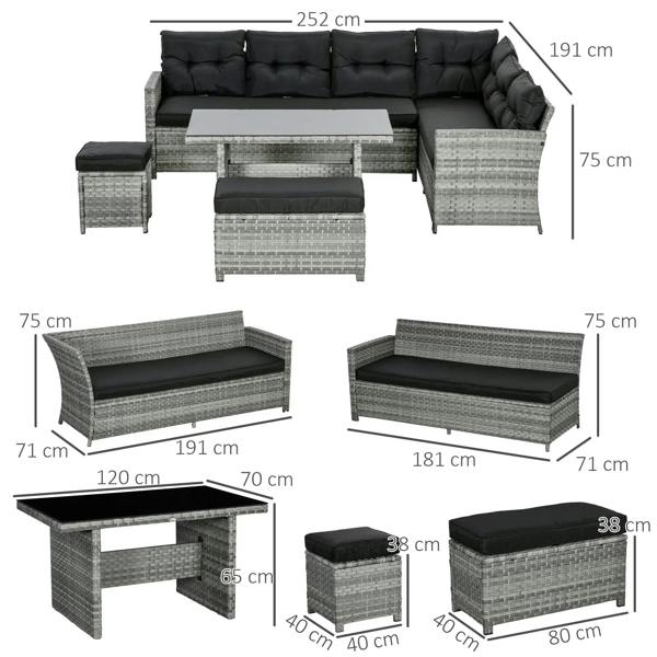 Grey rattan patio corner sofa set layout with dimensions, black cushions, footstools