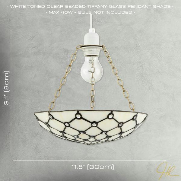 White Toned and Clear Beaded Tiffany Glass Easy Fit Bowl Pendant Shade Image 7