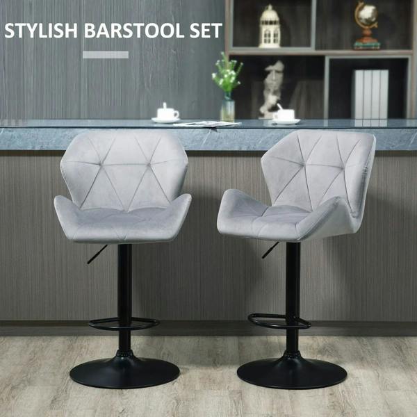 Set of 2 grey upholstered swivel bar stools with black base and ring footrest