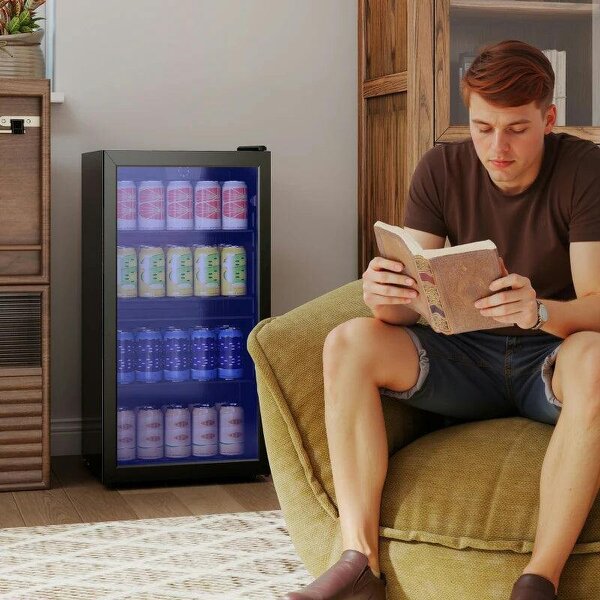 93L Drinks Fridge, 115 Can Freestanding Beer Fridge with Glass Door, Adjustable Shelves, LED Light, for Beer Soda, Black - Black