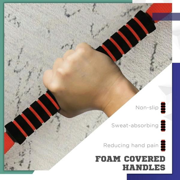 Foam-covered red and black ribbed hand grips for adjustable weight handles