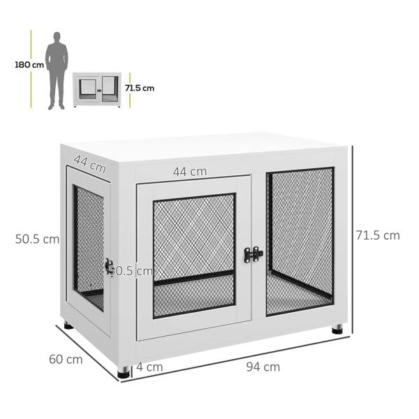 White dog cage and side table with two front mesh doors and adjustable feet, size view