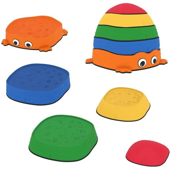 Multicoloured frog-shaped sensory stepping stones set with textured, anti-slip surfaces