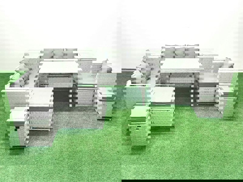 Fimous Rattan Garden Furniture Dining Set 11 Seater Lounge Sofa Chair Dining Table Set with 4 Footstools 2 Side Tables Light Grey Mixed