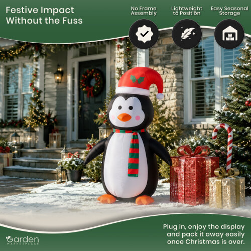 1.2m Inflatable Christmas Penguin with 3 Internal LED Lights, 12V Fan Motor, Guide Ropes and Transformer, Indoor/Outdoor Festive Decoration