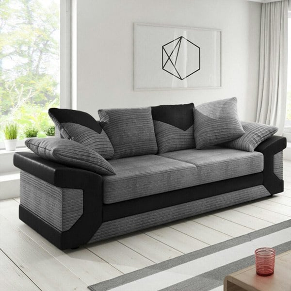 Dino Jumbo Cord with Leather 3+2 Seater Fabric Sofa in Grey with Black