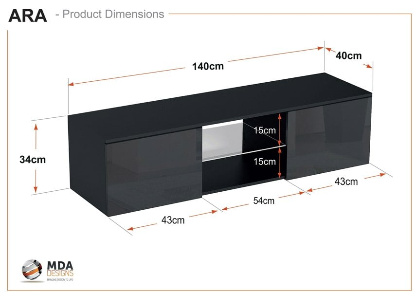 MDA Designs Ara Gloss Black Floating Modern TV Cabinet for Flat TV Screens of up to 65" Wall-Mounted Entertainment Unit with Built-in Blue LED Lights