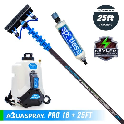Equip2clean Aquaspray® Venom 50/50 Hybrid KEVLAR INSULATED Water-Fed Pole & Spray Tank Pack | 18ft–30ft - Aquaspray Pro 16L Backpack - 25ft