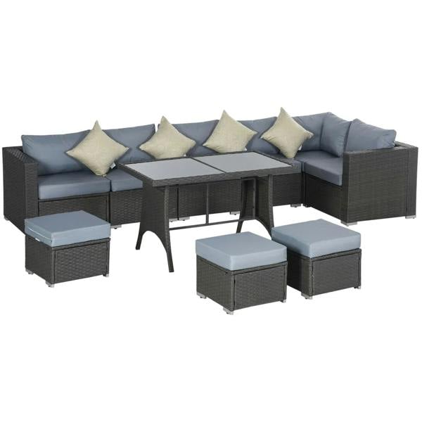 Outdoor rattan corner dining sofa set with grey woven frame and dusty blue seat cushions