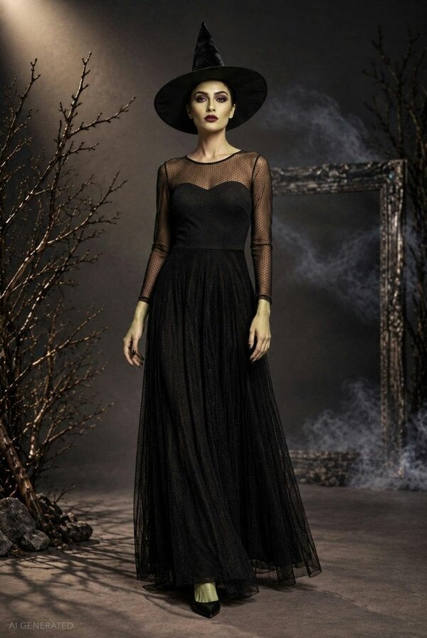 Goddiva Long Sleeve Maxi Dress Elphaba-Inspired Halloween Costume - Black by Goddiva