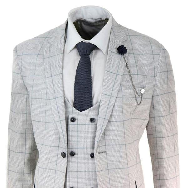 House of Cavani Mens 3 Piece Light Grey Check Tweed Vintage Retro Classic Suit