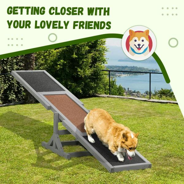 Grey wooden dog seesaw agility ramp with textured pads, with a golden dog using the ramp.