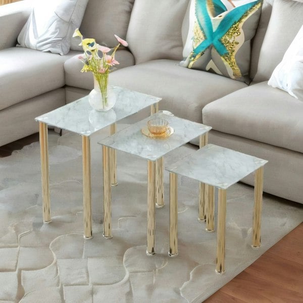 Rafaelo Mobilia Set Of 3 Glass Marble Nesting Tables Silver
