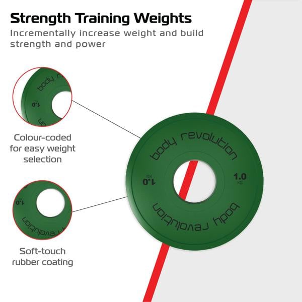Green 1kg fractional bumper plate with soft-touch rubber coating, color-coded for easy weight selection and strength training