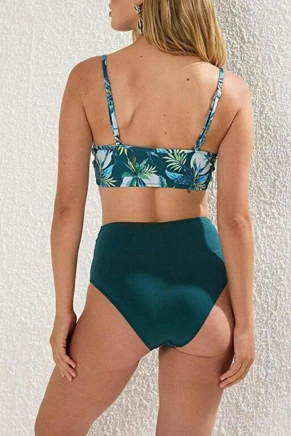 WOVCOR Tropical Patterned Draped Triangle Covered Hipster High Waist Bikini Set