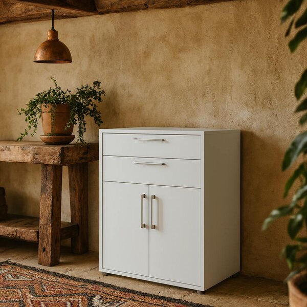 Wyld Haus Dris White Wooden Bookcase 1 Shelf 2 Drawers 2 Doors