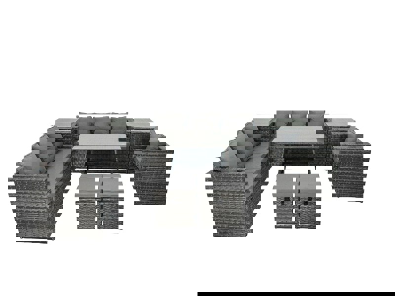 Fimous Rattan Dining Table Sofa Set with 2 Side Tables 2 Small Footstools Outdoor 9 Seat Garden Furniture Set Dark Grey Mixed