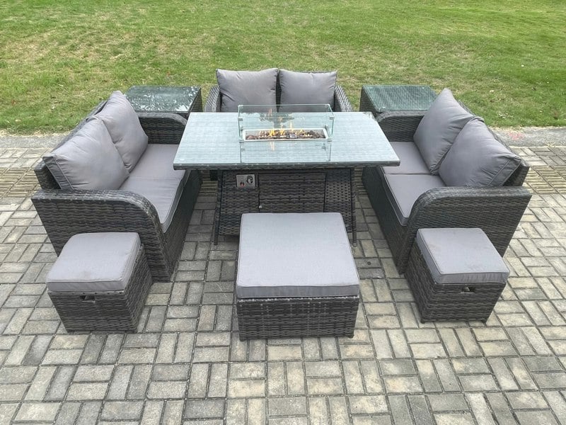 Fimous Outdoor Rattan Furniture Garden Dining Set Gas Fire Pit Table with 2 Side Tables Love Sofa 3 Footstools Dark Grey Mixed