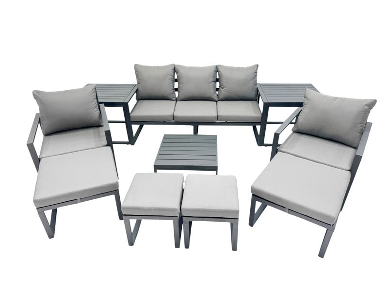 Fimous Outdoor Garden Furniture Set Aluminium Lounge Sofa Square Coffee Table Sets with 4 Stools 2 Side Tables Dark Grey