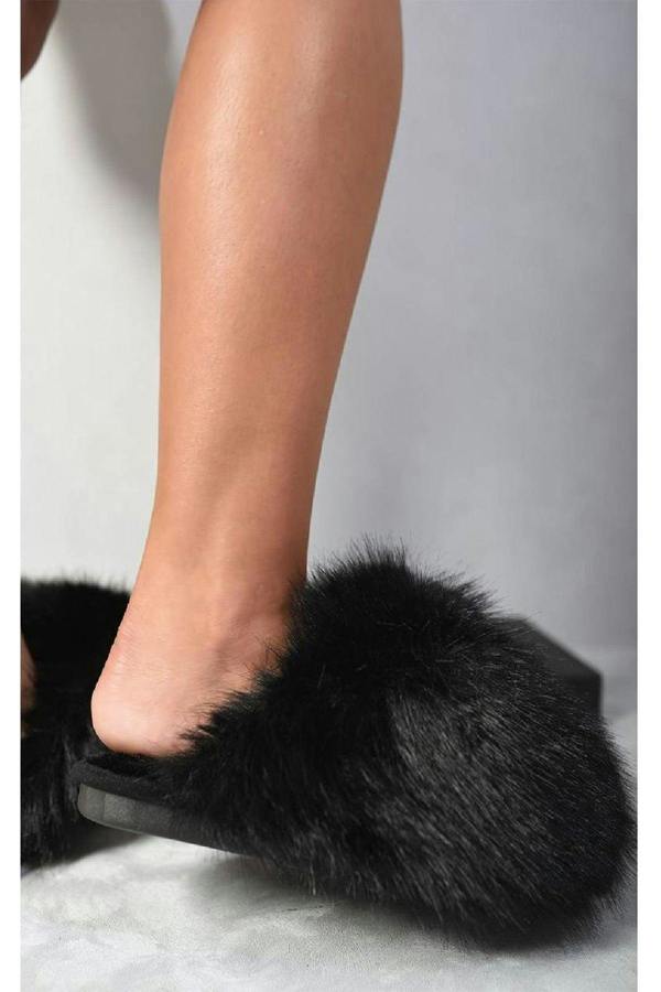 Nadia Fluffy Faux Fur Slippers - Black