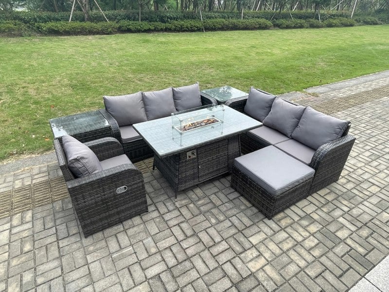 Fimous 8-Seater Rattan Outdoor Gas Fire Pit Dining Set | Rectangle Table, Reclining Chair, 3-Seater Sofa, Footstool, 2 Side Tables