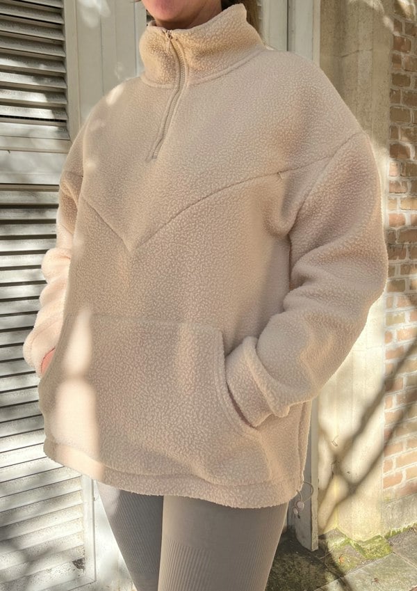 Pretty Mama Cosy Quarter Zip Oversized Breastfeeding Fleece with Pocket - Beige