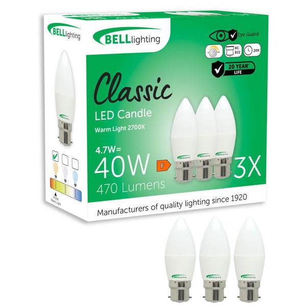 BELL Lighting Dimmable B22 LED Candle Bulbs 4.7W 470lm , Warm White 2700K , Energy Saving40W Equivalent, Bayonet Cap Bulbs