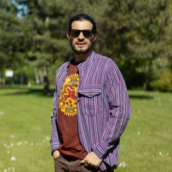 Maroon t-shirt with yellow dragon mandala graphic, worn under a purple striped shirt